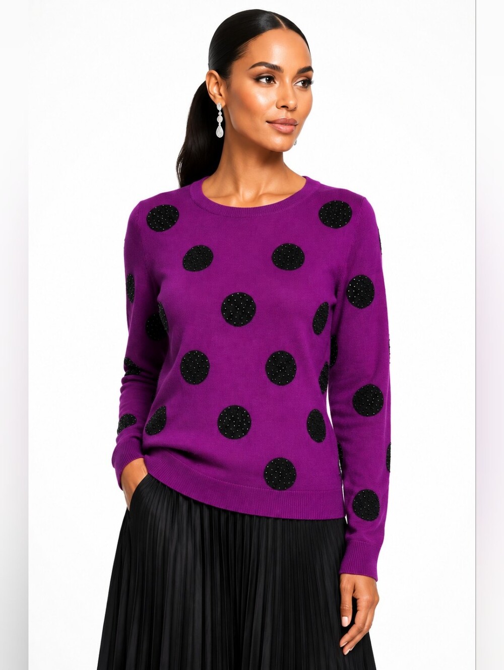 Alice + Olivia Celyn Sequin Polka Dot Wool Sweater Purple Black Polka Dot S